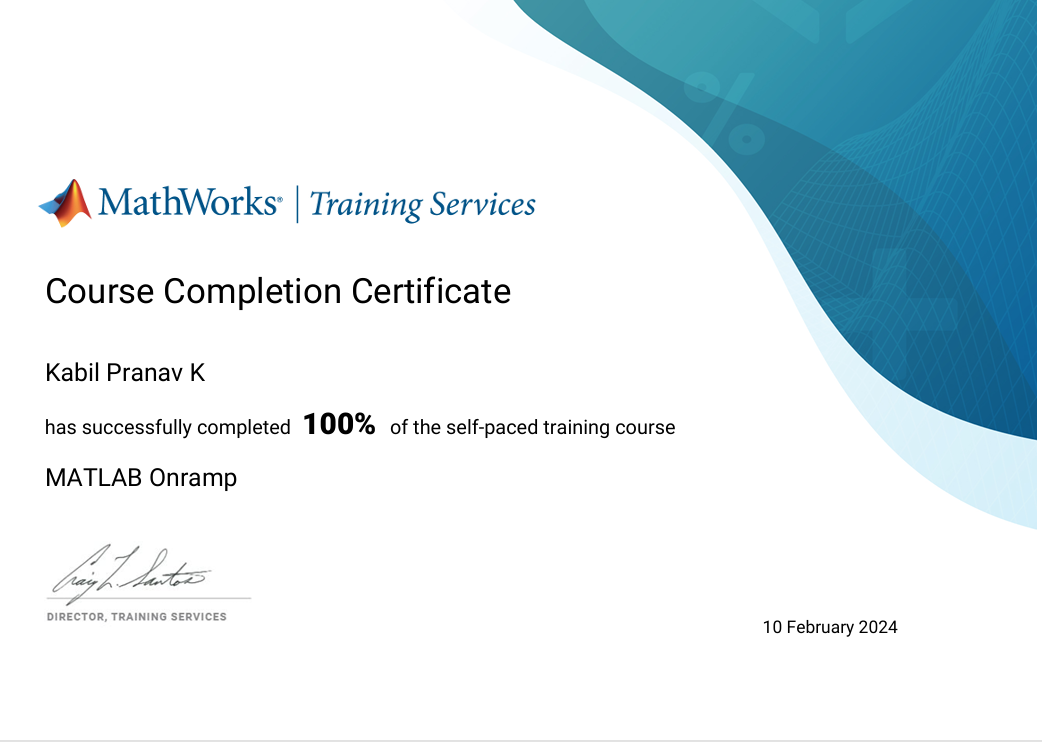 MATLAB Onramp Certificate